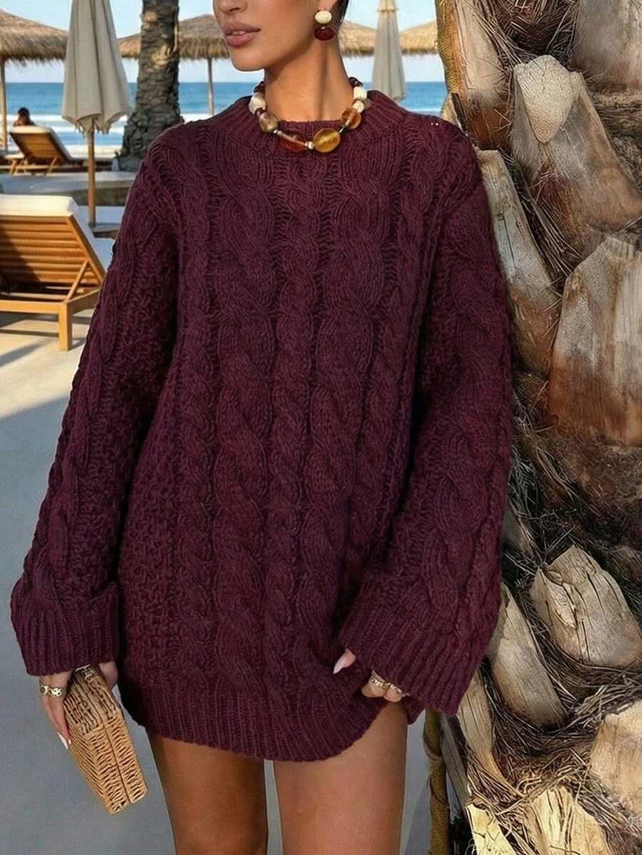 Ondine Oversized Cable Knit Sweater with Wide Bell Sleeves - Burgundy