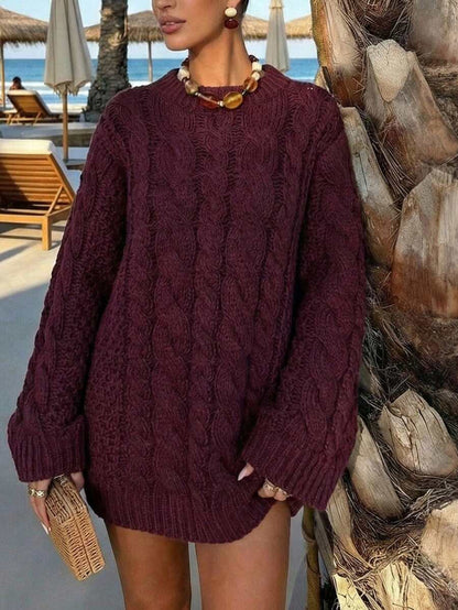 Ondine Oversized Cable Knit Sweater with Wide Bell Sleeves - Burgundy