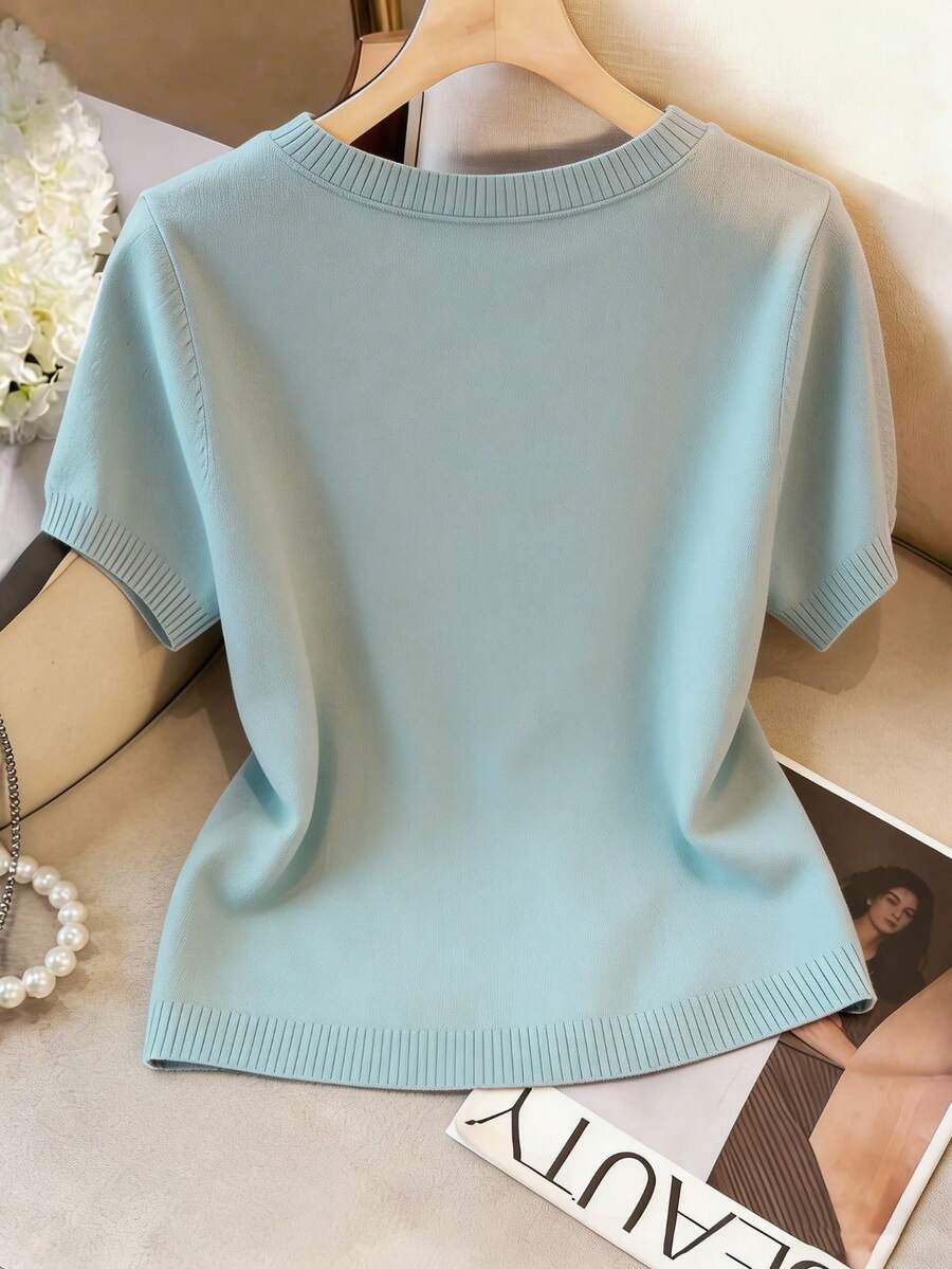 Women's Fine Knit Short Sleeve Top, Crew Neck Sweater Tee for Work and Layering - White