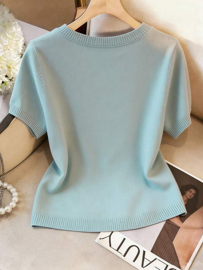 Women's Fine Knit Short Sleeve Top, Crew Neck Sweater Tee for Work and Layering - White