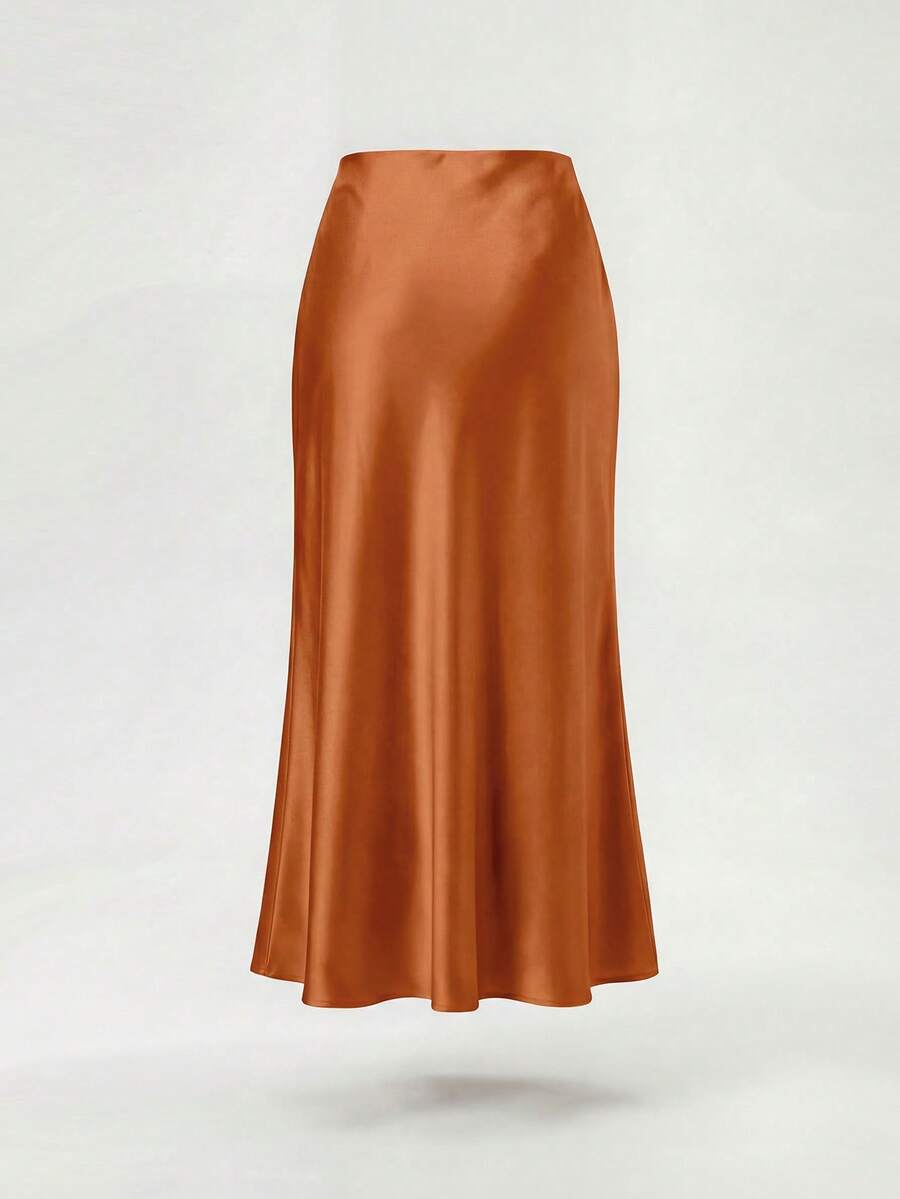 Rosabel Silky Satin Elastic Waist Maxi Slip Skirt - Rust