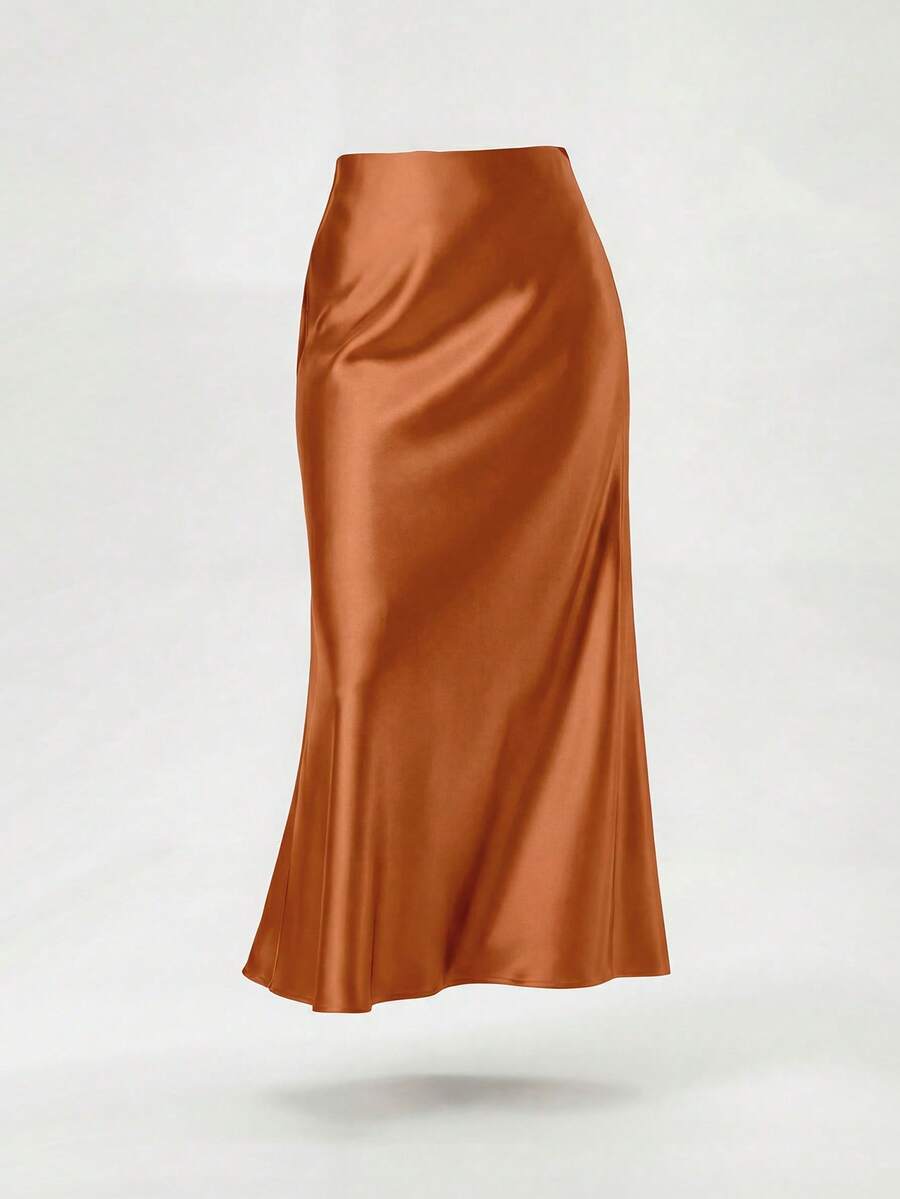 Rosabel Silky Satin Elastic Waist Maxi Slip Skirt - Rust
