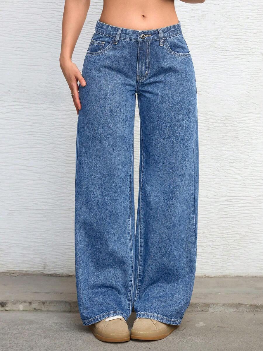Ravenna High Waisted Wide Leg Baggy Jeans with Pockets - Medium Wash