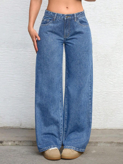 Ravenna High Waisted Wide Leg Baggy Jeans with Pockets - Medium Wash