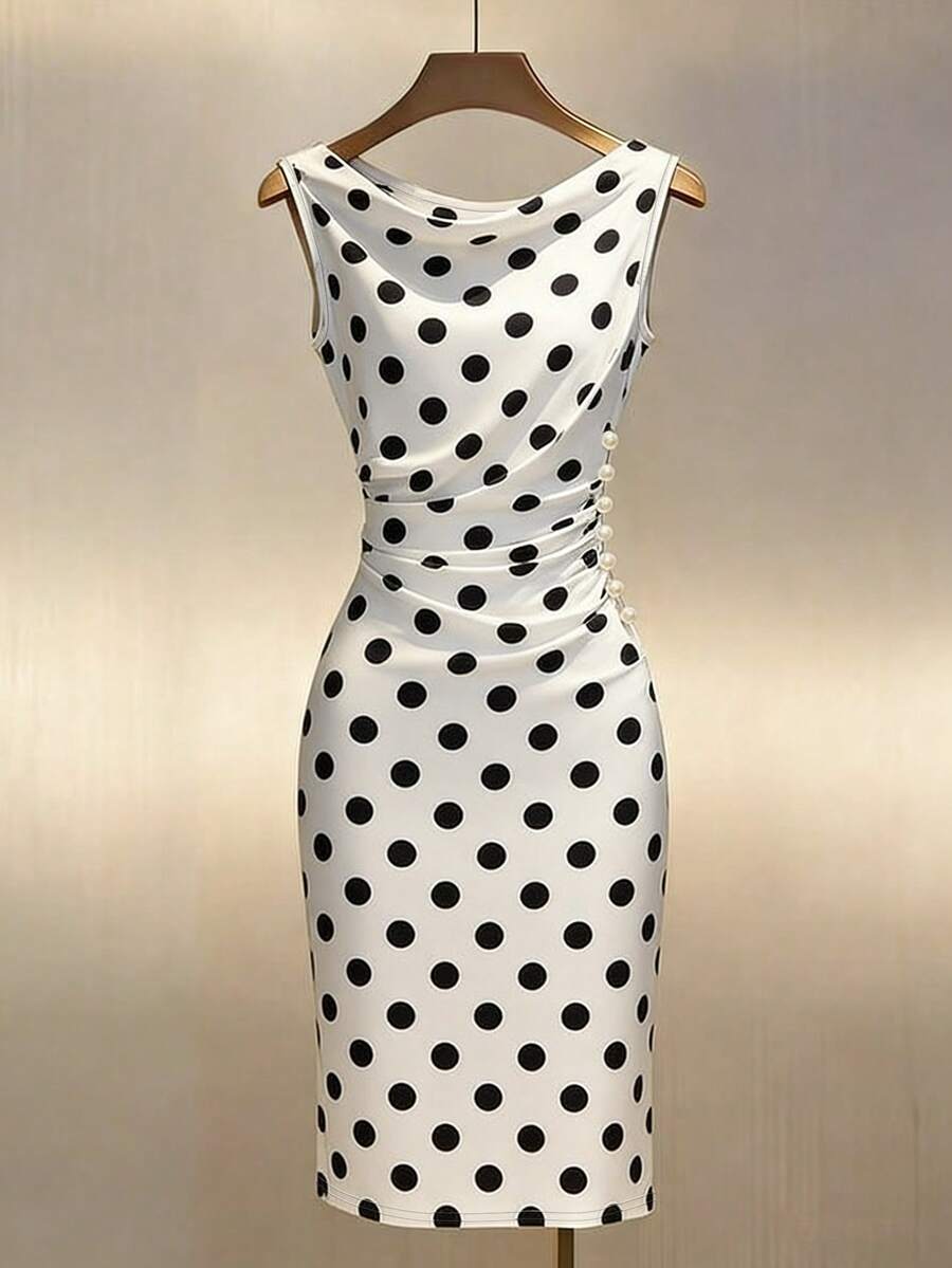 Women's Satin Cowl Neck Midi Dress, Ruched Silky Dress for Wedding Guest and Evening - Champagne