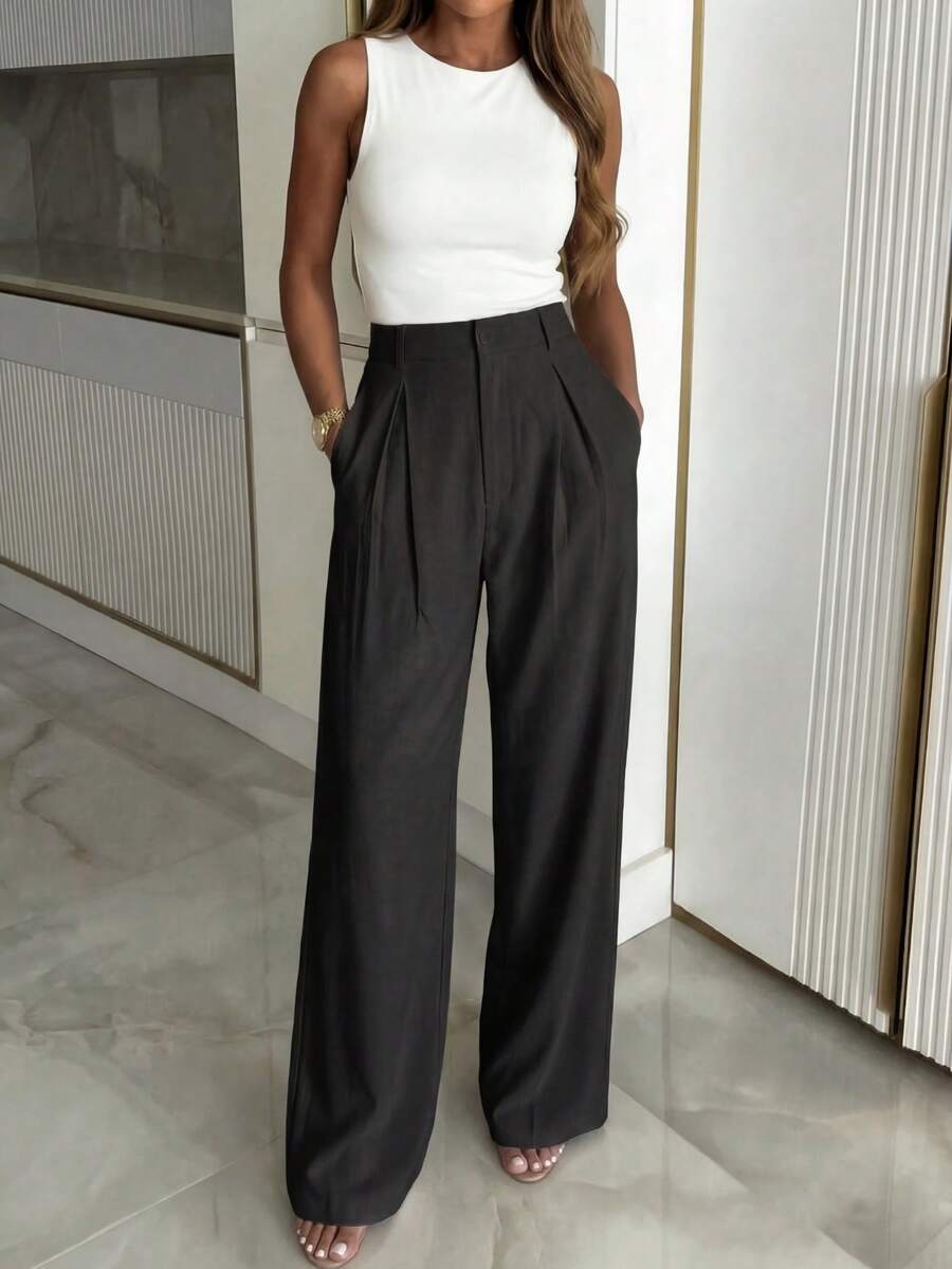 Women's Buckle Waist Wide Leg Trousers, Tailored Dress Pants for Work Office - Dark Brown