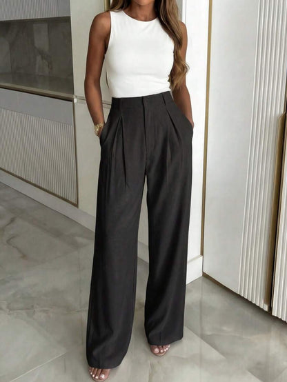 Women's Buckle Waist Wide Leg Trousers, Tailored Dress Pants for Work Office - Dark Brown