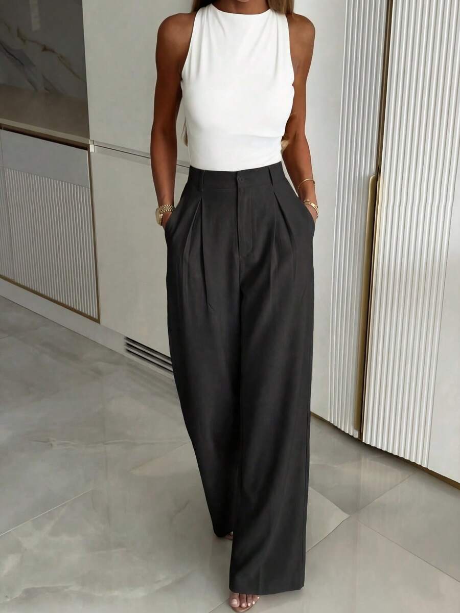 Women's Buckle Waist Wide Leg Trousers, Tailored Dress Pants for Work Office - Brown