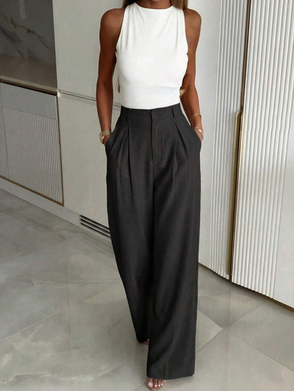Women's Buckle Waist Wide Leg Trousers, Tailored Dress Pants for Work Office - Brown