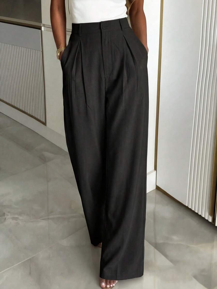 Women's Buckle Waist Wide Leg Trousers, Tailored Dress Pants for Work Office - Yellow