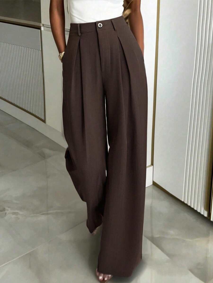 Women's Buckle Waist Wide Leg Trousers, Tailored Dress Pants for Work Office - Yellow