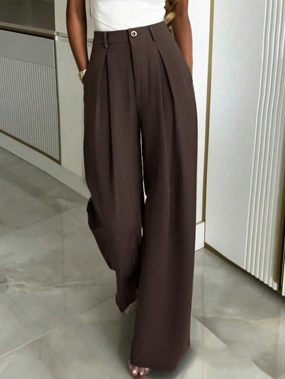 Women's Buckle Waist Wide Leg Trousers, Tailored Dress Pants for Work Office - Yellow