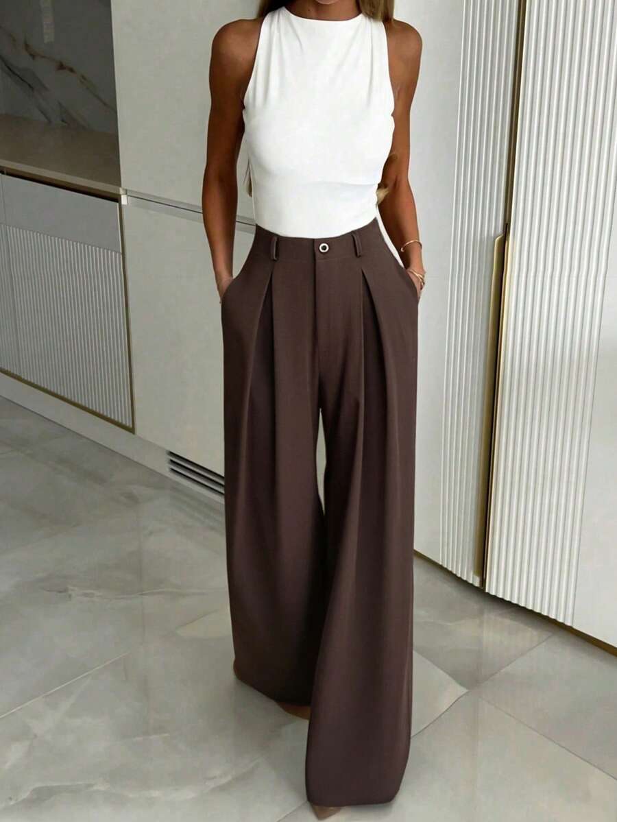 Women's Buckle Waist Wide Leg Trousers, Tailored Dress Pants for Work Office - Army Green
