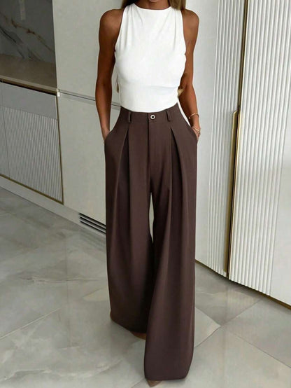 Women's Buckle Waist Wide Leg Trousers, Tailored Dress Pants for Work Office - Army Green