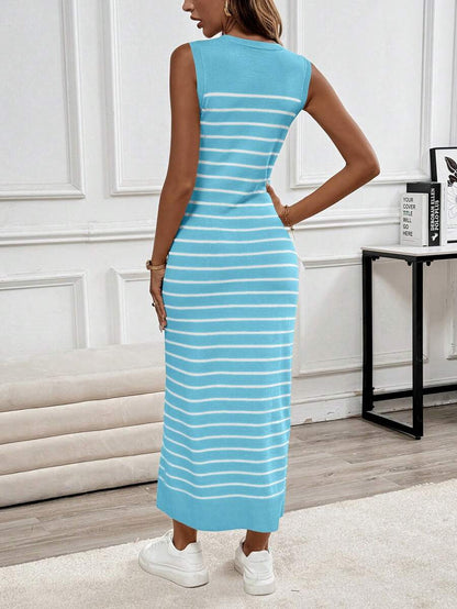Ainsley Striped Rib Knit Sleeveless Maxi Dress - Apricot
