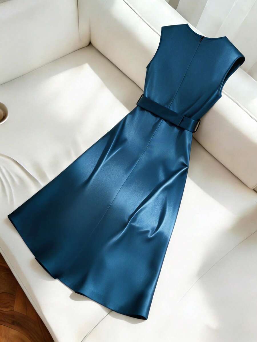 Women's Satin V-Neck Midi Dress, Fitted Silky Dress for Wedding Guest and Evening - Black