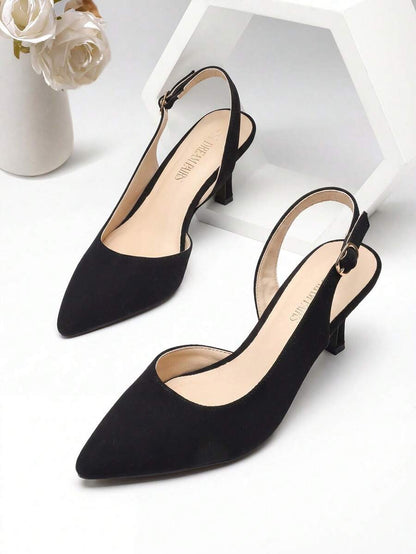 Women's Pointed Toe Slingback Kitten Heel Pumps, 2.36 Inch Buckle Strap Dress Shoes for Work and Wedding Guest