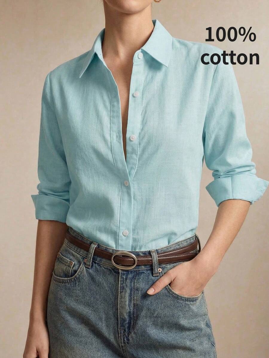 Arabella Classic Collared Button Down Long Sleeve Cotton Shirt - Aqua Blue