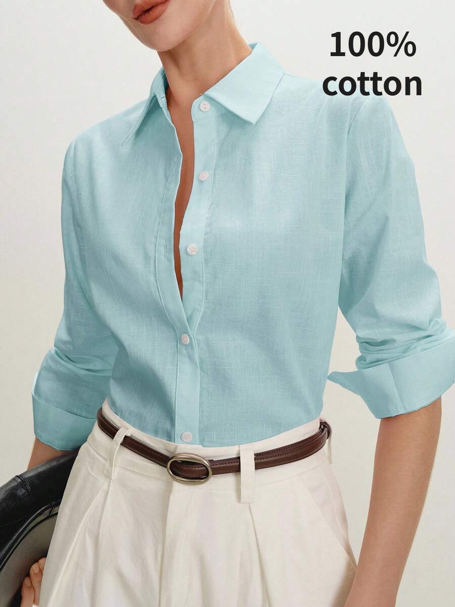 Arabella Classic Collared Button Down Long Sleeve Cotton Shirt - Aqua Blue