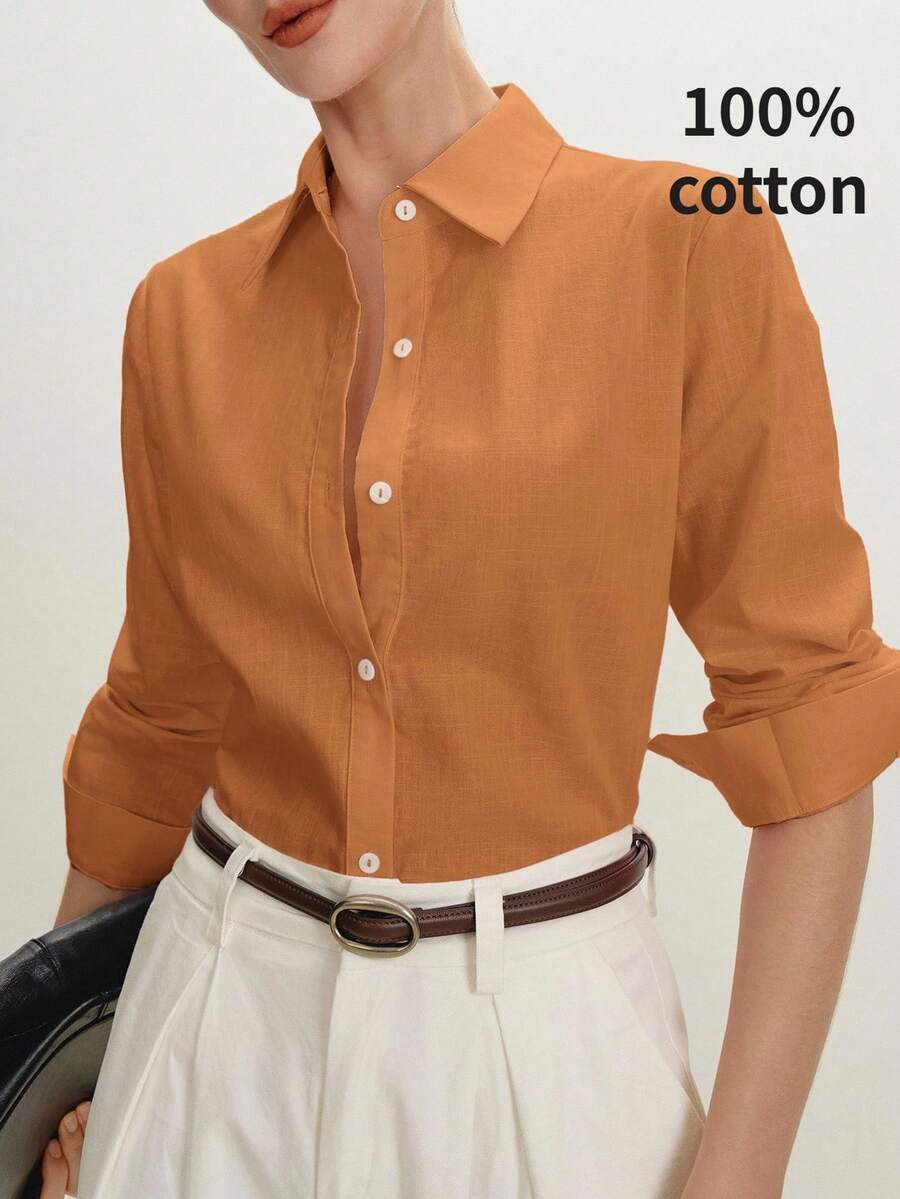 Arabella Classic Collared Button Down Long Sleeve Cotton Shirt - Orange