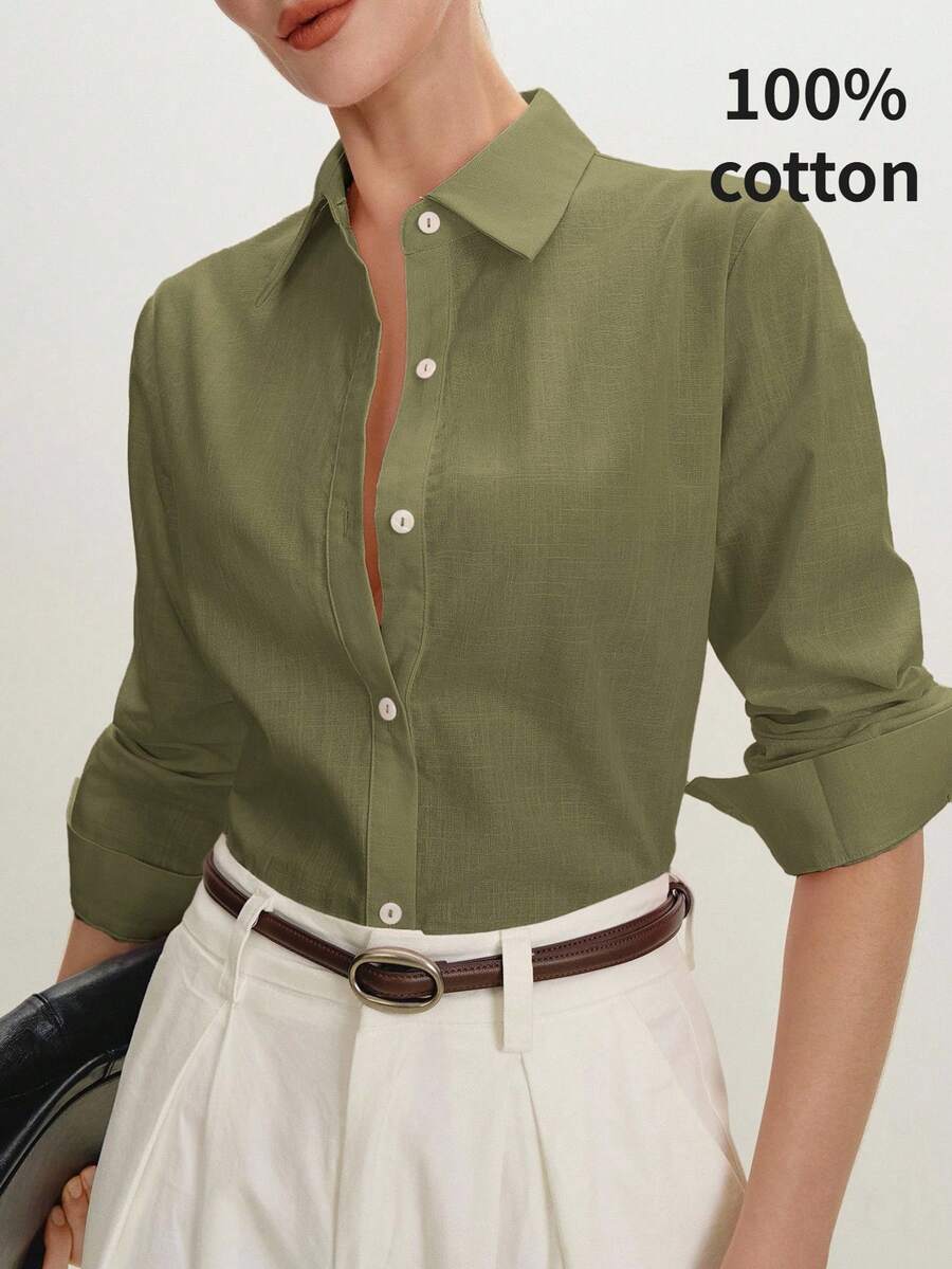 Arabella Classic Collared Button Down Long Sleeve Cotton Shirt - Army Green