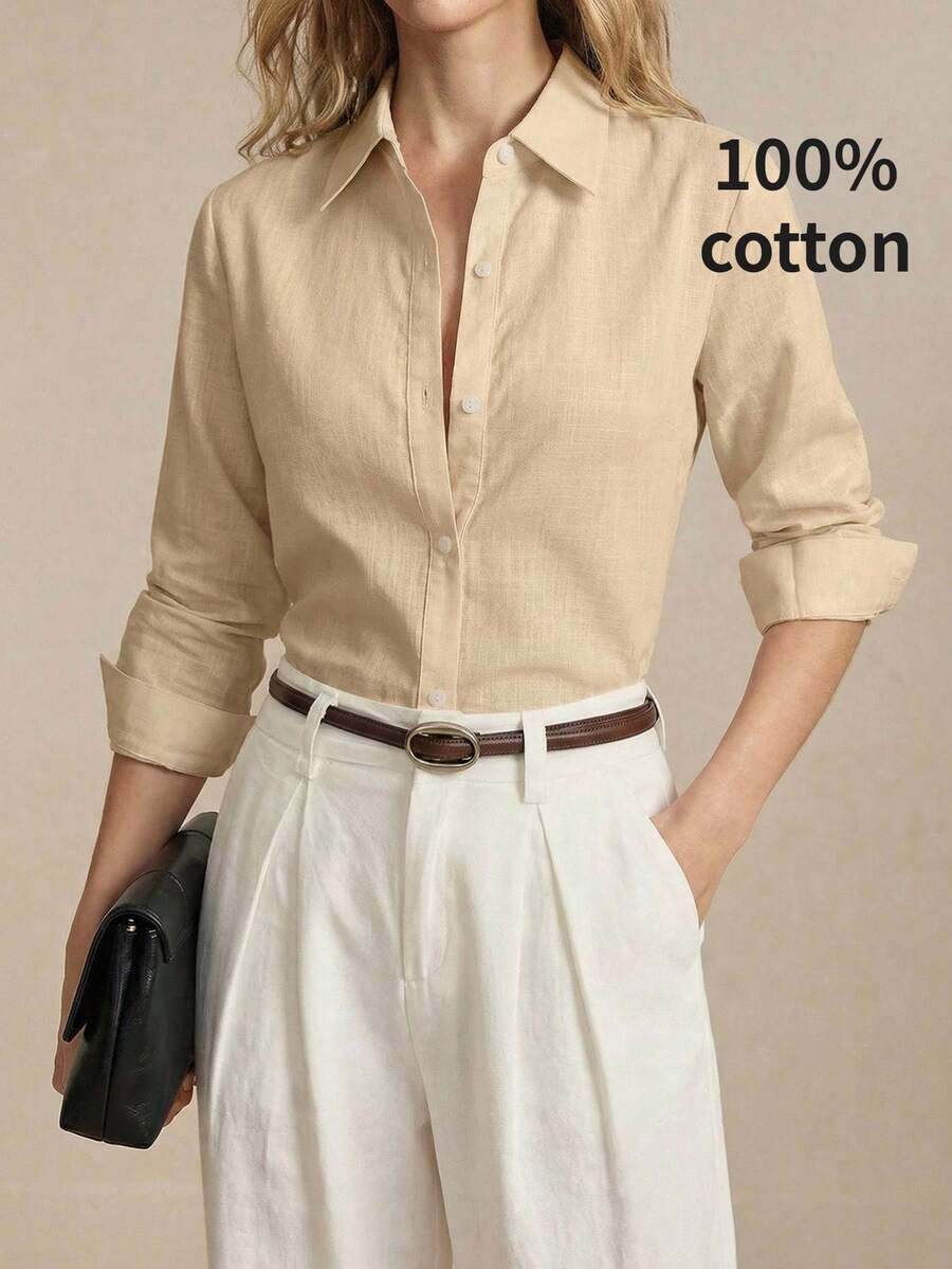 Arabella Classic Collared Button Down Long Sleeve Cotton Shirt - Khaki