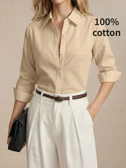 Arabella Classic Collared Button Down Long Sleeve Cotton Shirt - Khaki