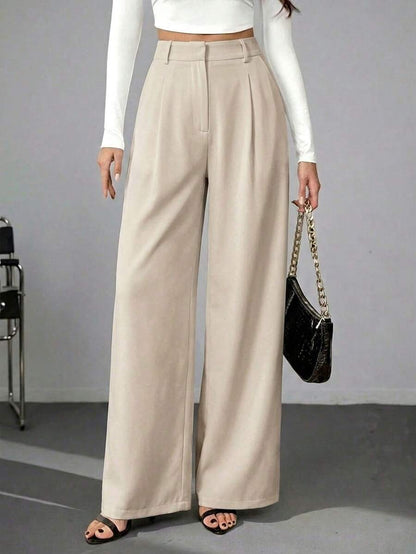 Isla High Waisted Wide Leg Pants with Pleated Front - Beige