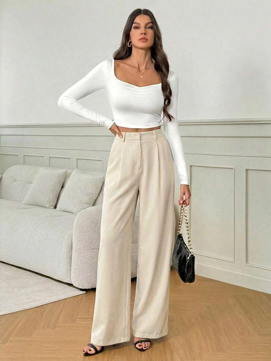Isla High Waisted Wide Leg Pants with Pleated Front - Beige