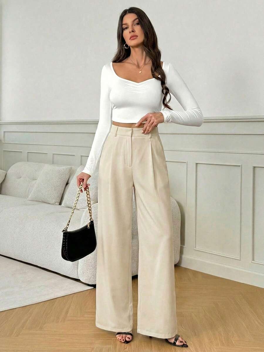 Isla High Waisted Wide Leg Pants with Pleated Front - Beige