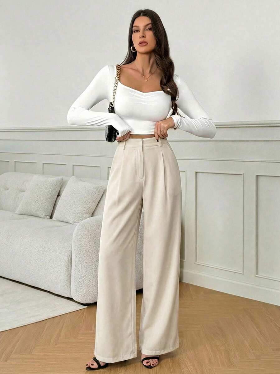 Isla High Waisted Wide Leg Pants with Pleated Front - Beige