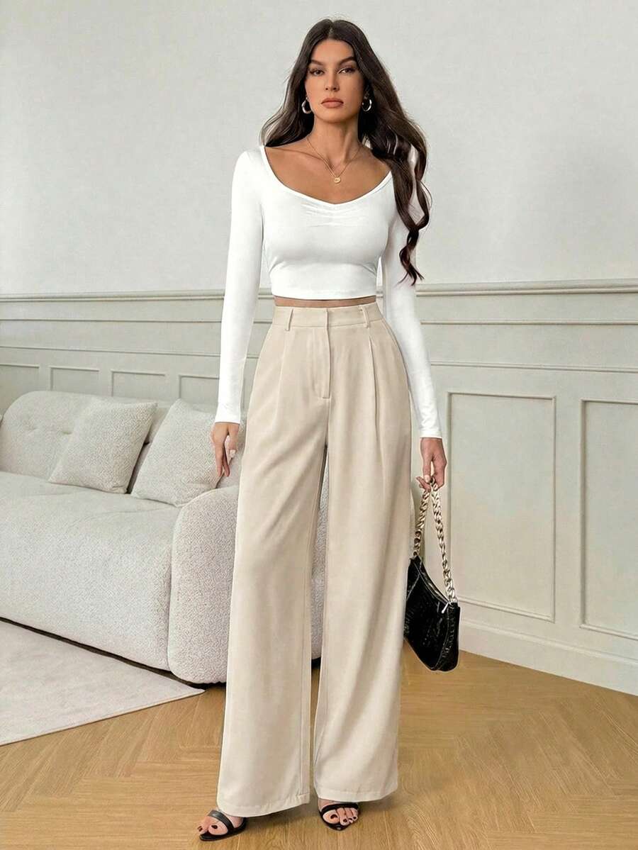 Isla High Waisted Wide Leg Pants with Pleated Front - Beige