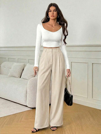 Isla High Waisted Wide Leg Pants with Pleated Front - Beige