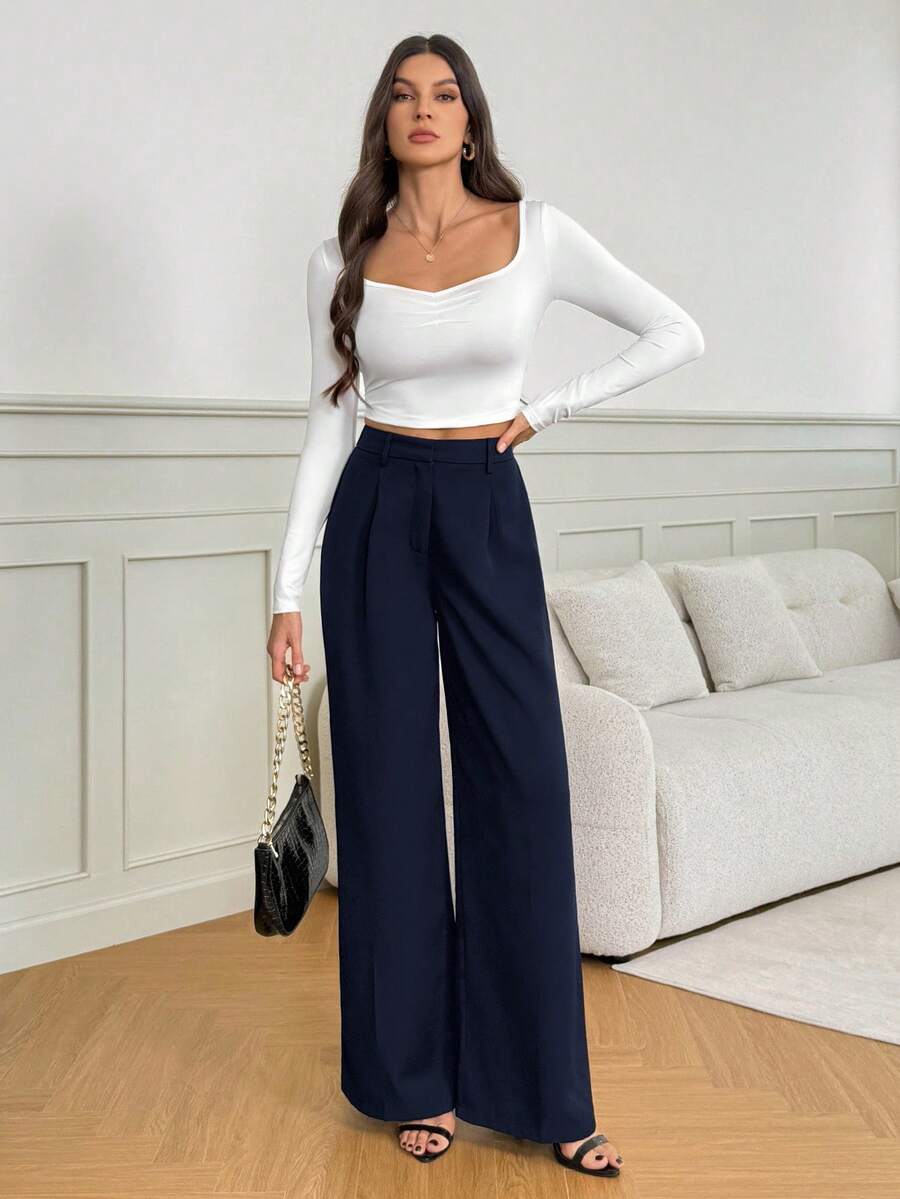 Isla High Waisted Wide Leg Pants with Pleated Front - Navy