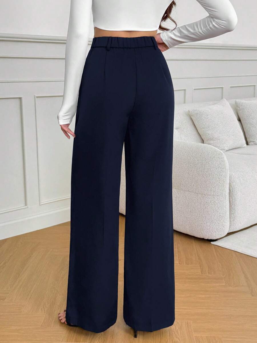 Isla High Waisted Wide Leg Pants with Pleated Front - Navy