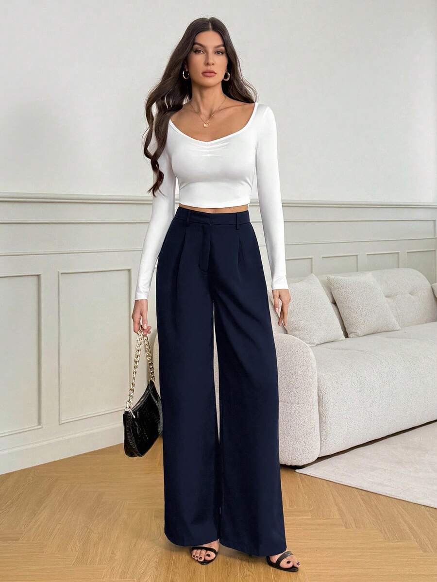 Isla High Waisted Wide Leg Pants with Pleated Front - Navy
