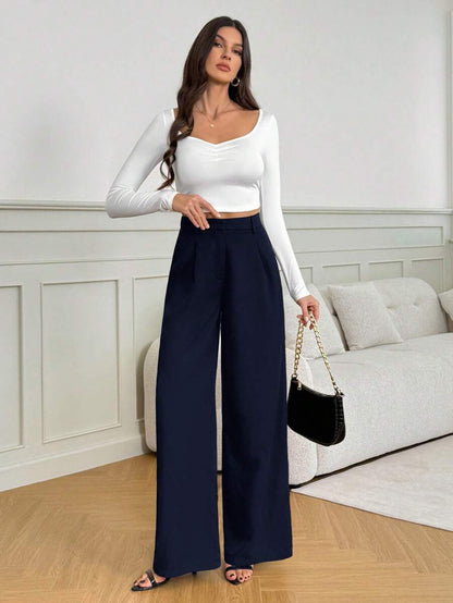 Isla High Waisted Wide Leg Pants with Pleated Front - Navy