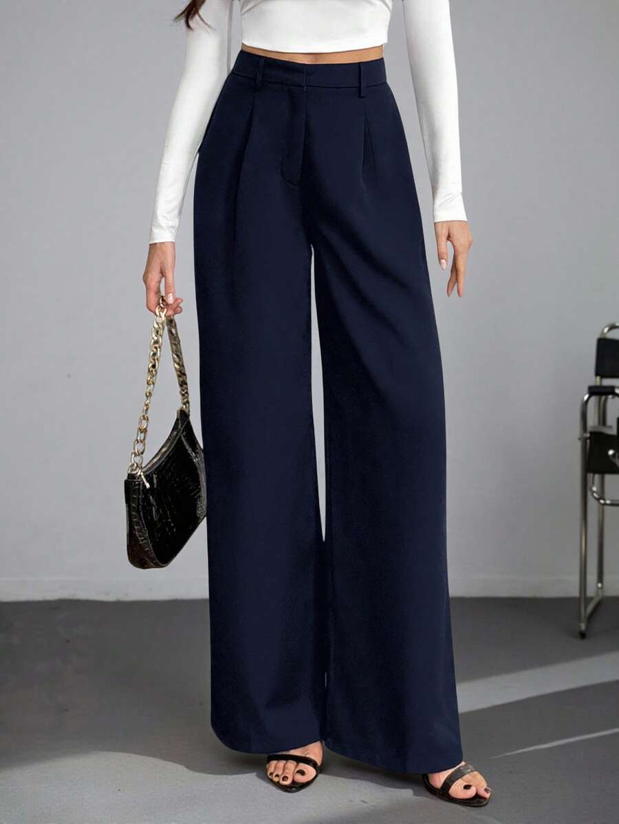 Isla High Waisted Wide Leg Pants with Pleated Front - Navy