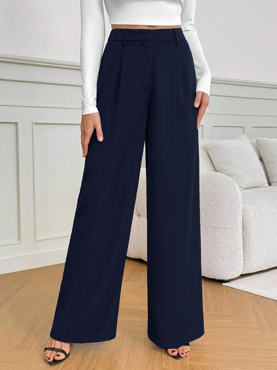 Isla High Waisted Wide Leg Pants with Pleated Front - Navy