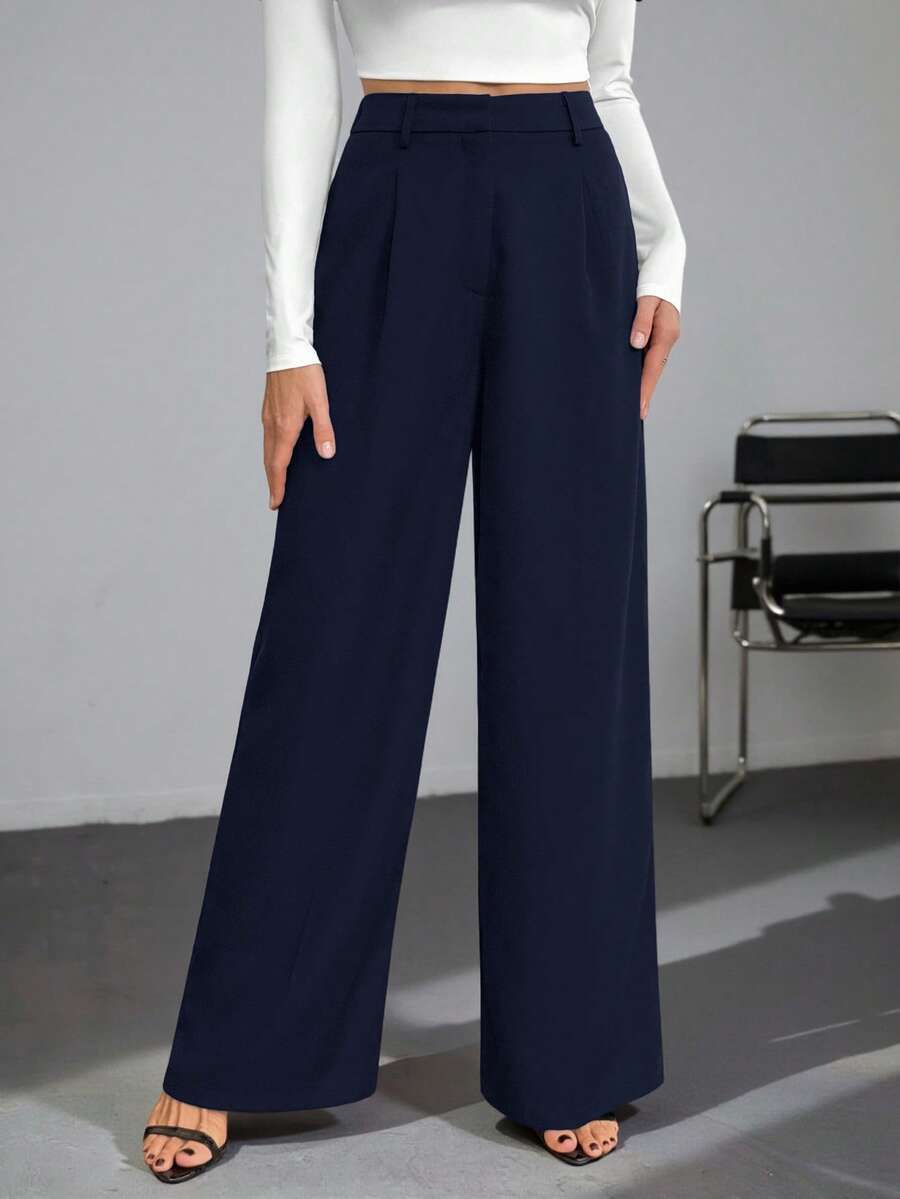 Isla High Waisted Wide Leg Pants with Pleated Front - Navy