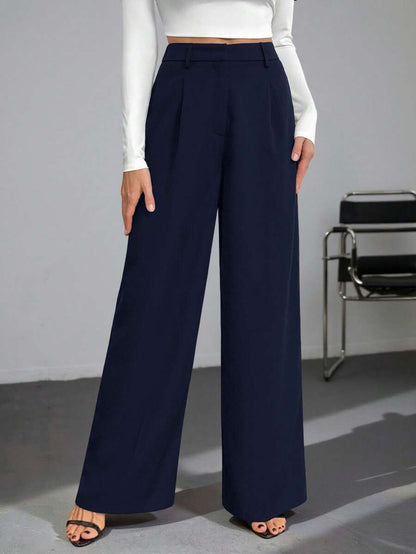 Isla High Waisted Wide Leg Pants with Pleated Front - Navy