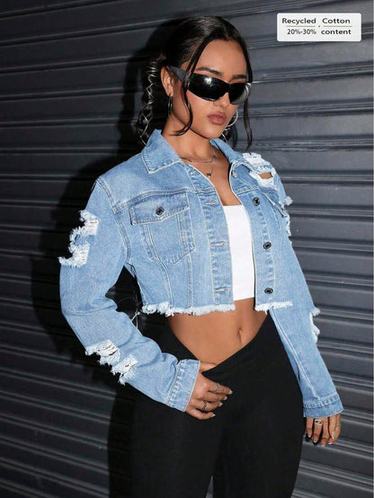 Celeste Distressed Crop Frayed Denim Jacket - Black