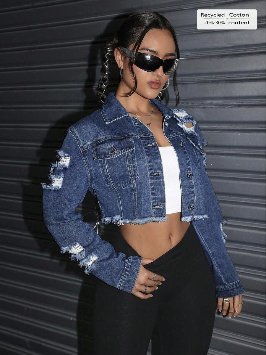 Celeste Distressed Crop Frayed Denim Jacket - Black