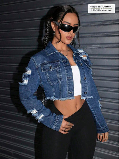 Celeste Distressed Crop Frayed Denim Jacket - Black
