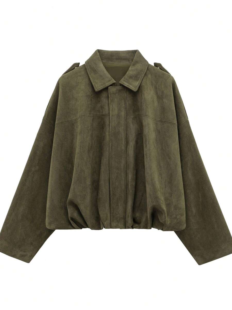 Sabrina Faux Suede Oversized Cropped Collared Jacket - Olive Green