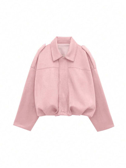 Sabrina Faux Suede Oversized Cropped Collared Jacket - Pink