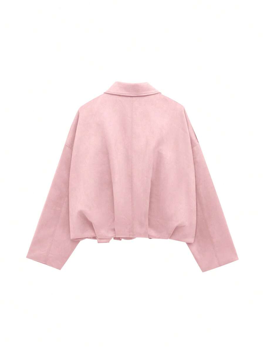 Sabrina Faux Suede Oversized Cropped Collared Jacket - Pink