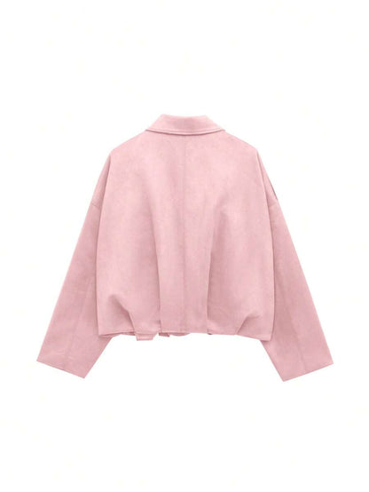 Sabrina Faux Suede Oversized Cropped Collared Jacket - Pink