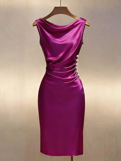 Women's Satin Cowl Neck Midi Dress, Ruched Silky Dress for Wedding Guest and Evening - Champagne