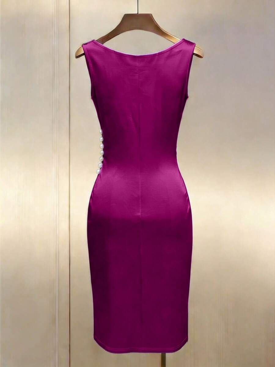 Women's Satin Cowl Neck Midi Dress, Ruched Silky Dress for Wedding Guest and Evening - Champagne